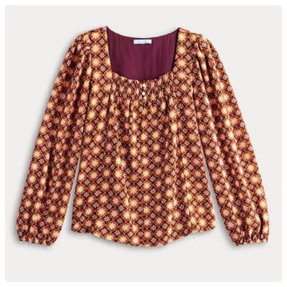 Draper James Allover Geo Printed Long Sleeve Square Neck Top - Picture 1 of 7